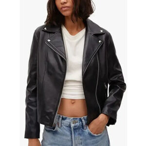 NWT MANGO Perfect Leather Biker Moto Jacket Black Sustainable 100% Leather Small